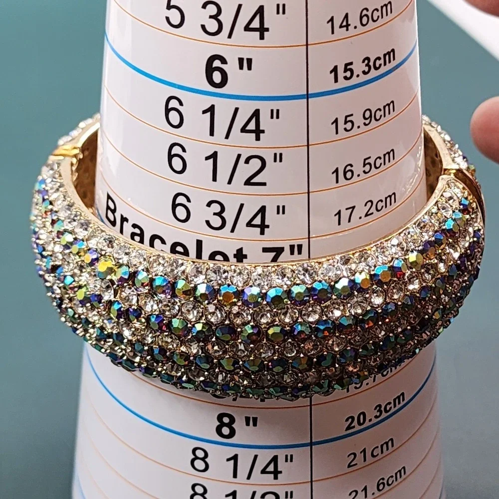 Aurora Borealis Rhinestone Wide Hinged Bangle Bracelet Gold Tone Glam Statement